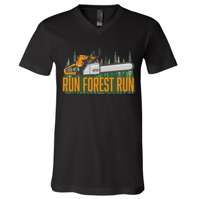 Run Forest Lumberjack Chainsaw & Logger Woodsman V-Neck T-Shirt