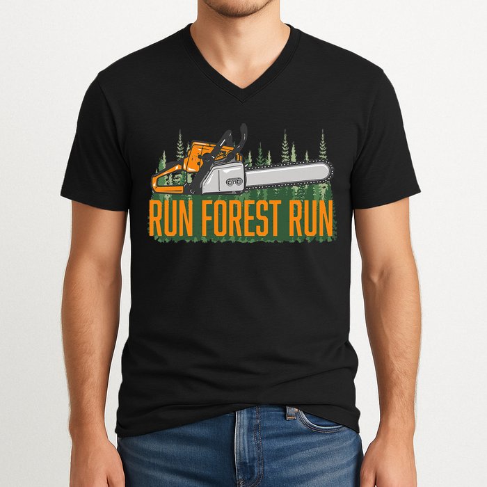 Run Forest Lumberjack Chainsaw & Logger Woodsman V-Neck T-Shirt