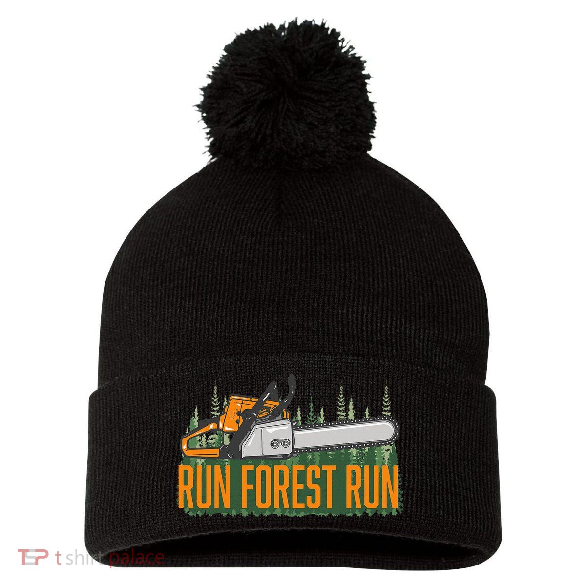 Run Forest Lumberjack Chainsaw & Logger Woodsman Pom Pom 12in Knit Beanie