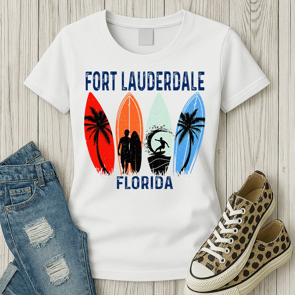 Retro Fort Lauderdale Beach Florida Surfboarder Beach Womens T-Shirt