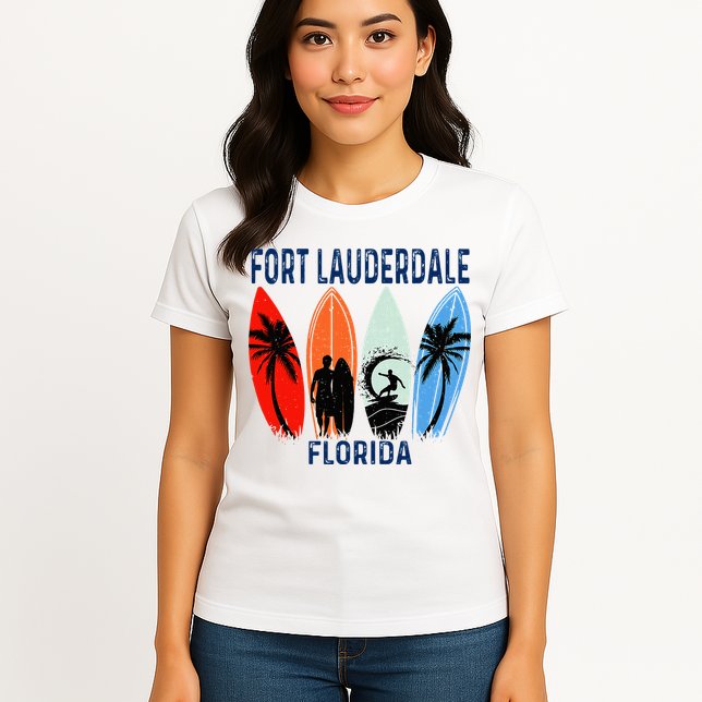 Retro Fort Lauderdale Beach Florida Surfboarder Beach Womens T-Shirt