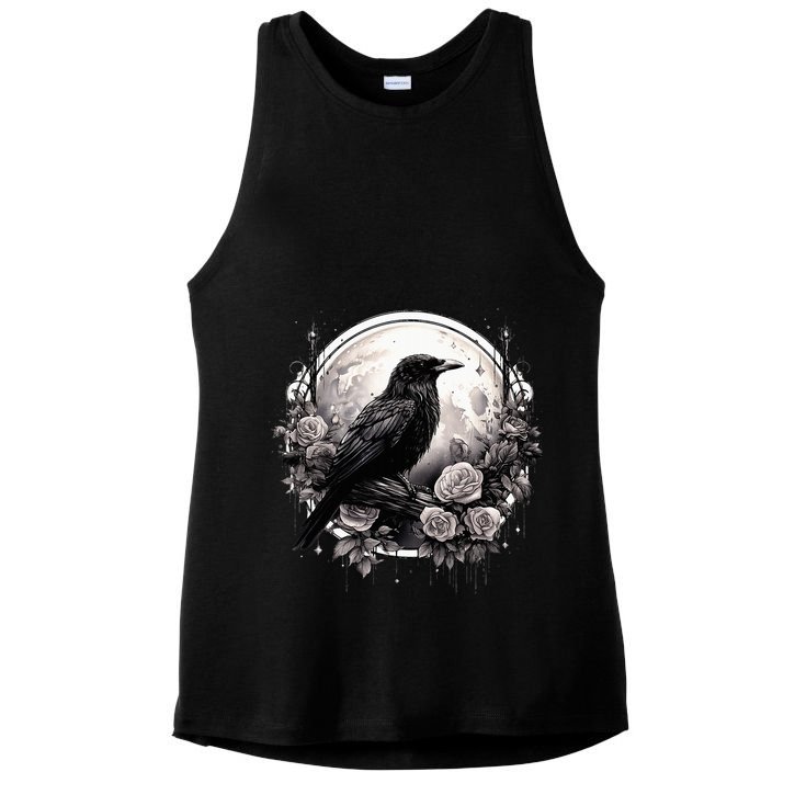 Raven Full Moon Gothic Witchy Crow Roses Mystical Ladies PosiCharge Tri-Blend Wicking Tank