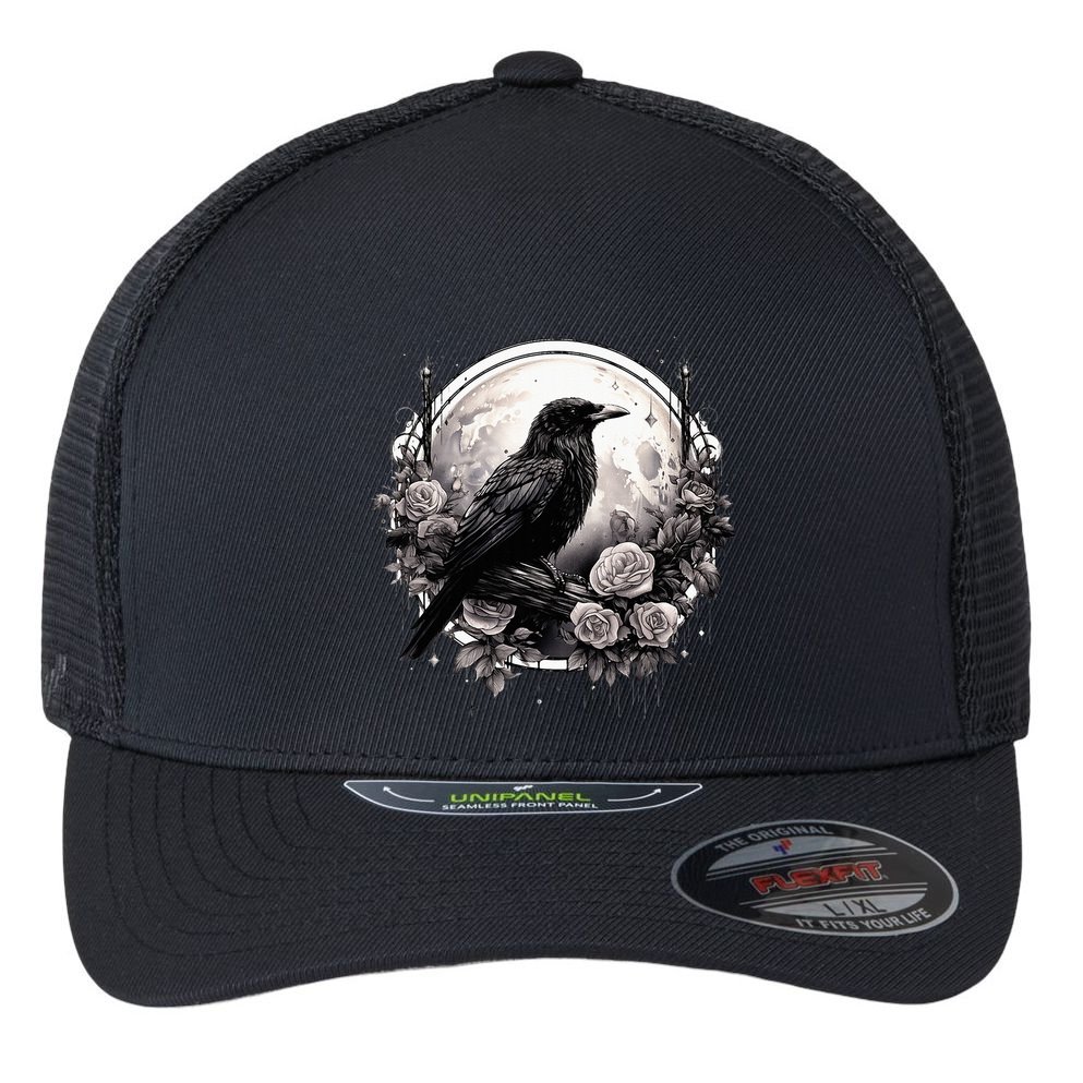 Raven Full Moon Gothic Witchy Crow Roses Mystical Flexfit Unipanel Trucker Cap