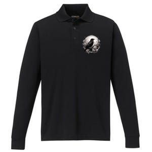 Raven Full Moon Gothic Witchy Crow Roses Mystical Performance Long Sleeve Polo