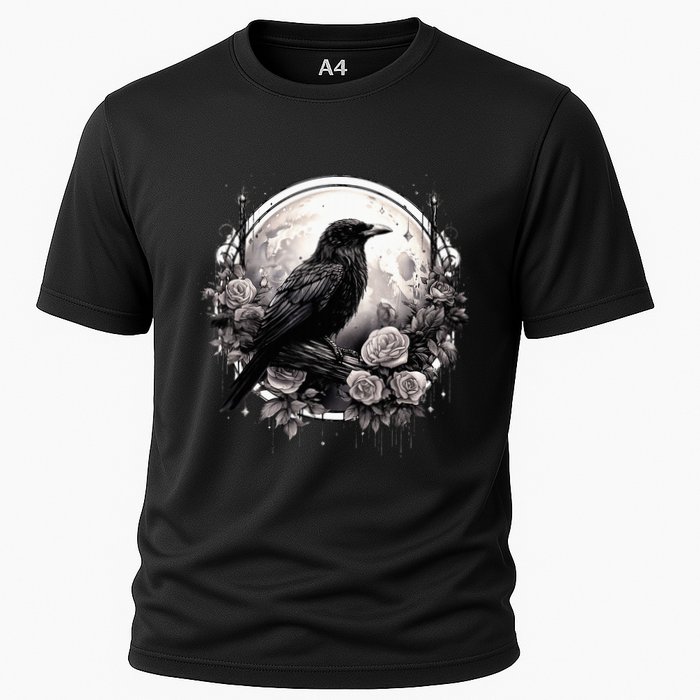 Raven Full Moon Gothic Witchy Crow Roses Mystical Cooling Performance Crew T-Shirt