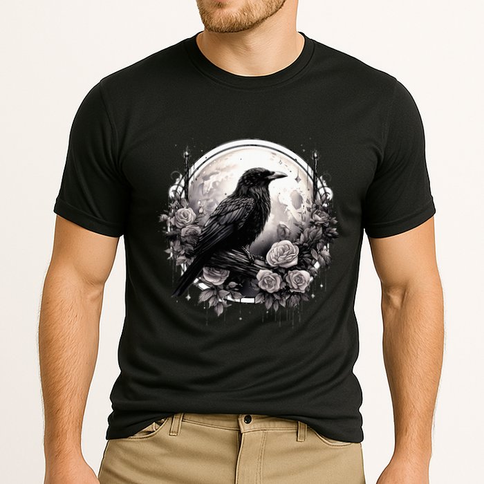 Raven Full Moon Gothic Witchy Crow Roses Mystical Cooling Performance Crew T-Shirt