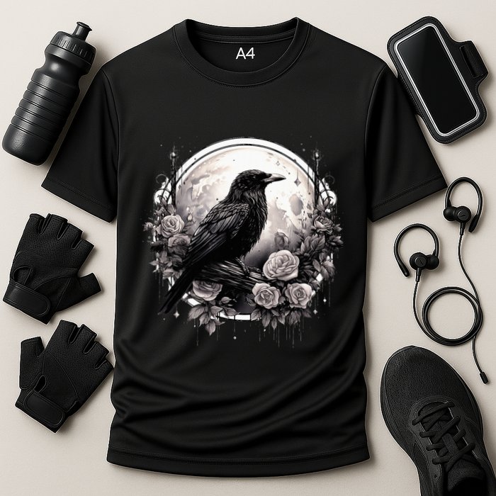 Raven Full Moon Gothic Witchy Crow Roses Mystical Cooling Performance Crew T-Shirt