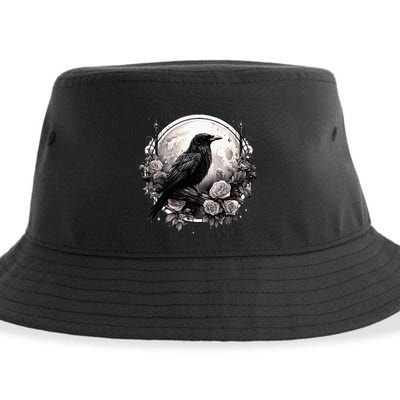 Raven Full Moon Gothic Witchy Crow Roses Mystical Sustainable Bucket Hat