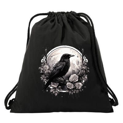 Raven Full Moon Gothic Witchy Crow Roses Mystical Drawstring Bag