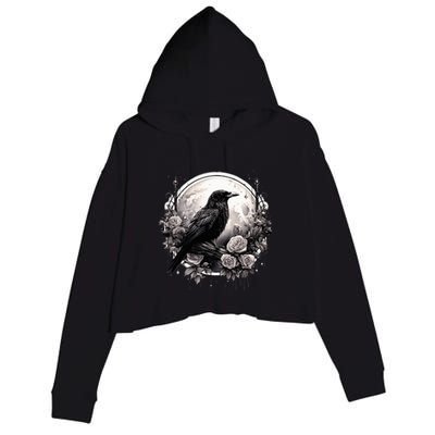 Raven Full Moon Gothic Witchy Crow Roses Mystical Crop Fleece Hoodie