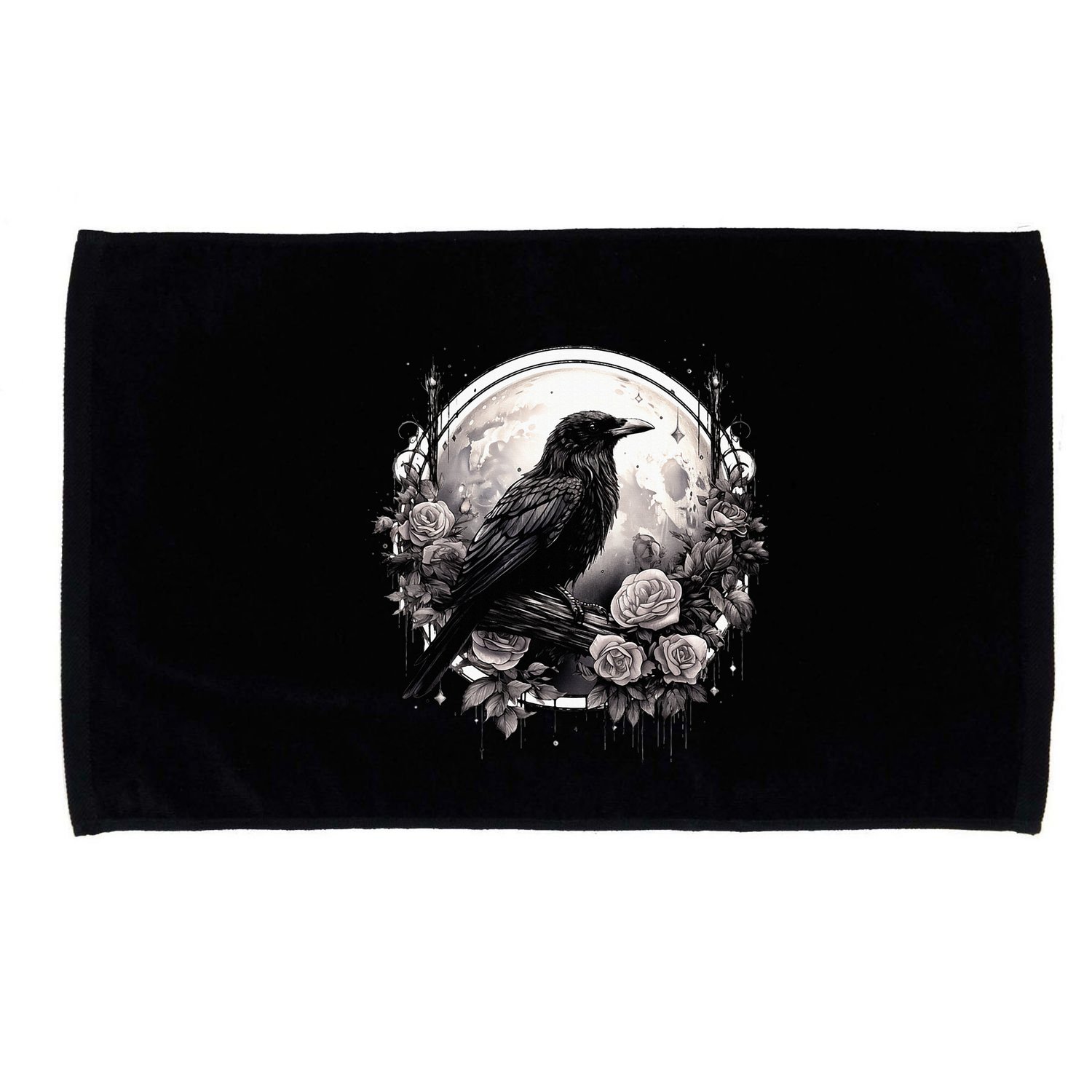 Raven Full Moon Gothic Witchy Crow Roses Mystical Microfiber Hand Towel
