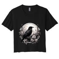 Raven Full Moon Gothic Witchy Crow Roses Mystical Women's Crop Top Tee