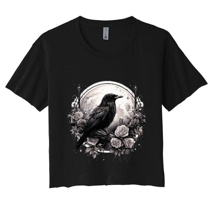 Raven Full Moon Gothic Witchy Crow Roses Mystical Women's Crop Top Tee