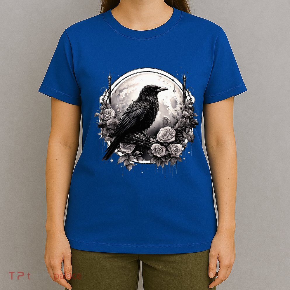 Raven Full Moon Gothic Witchy Crow Roses Mystical T-Shirt