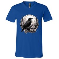 Raven Full Moon Gothic Witchy Crow Roses Mystical V-Neck T-Shirt