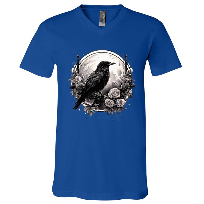 Raven Full Moon Gothic Witchy Crow Roses Mystical V-Neck T-Shirt