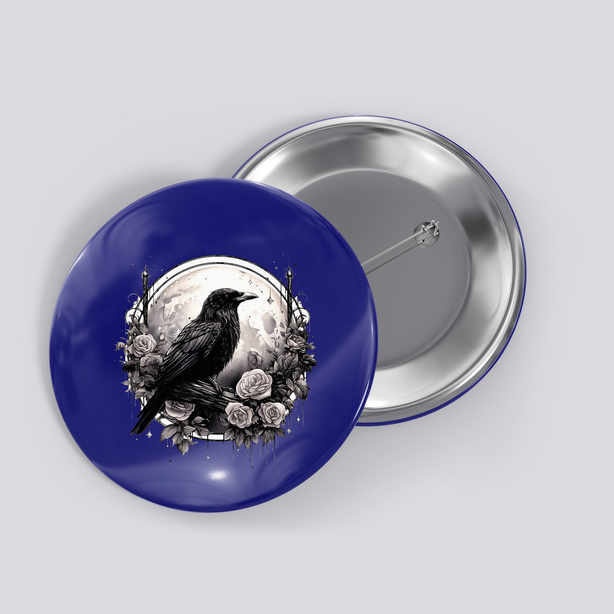 Raven Full Moon Gothic Witchy Crow Roses Mystical Button