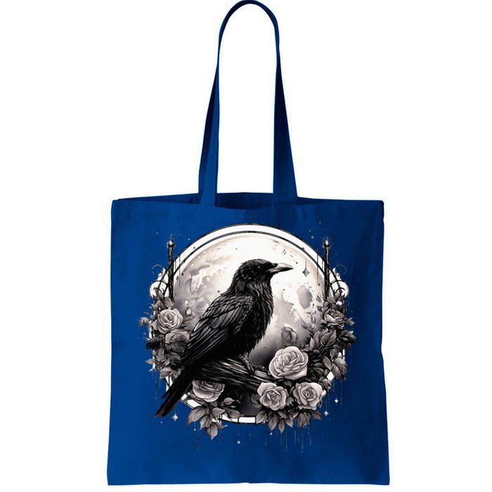 Raven Full Moon Gothic Witchy Crow Roses Mystical Tote Bag