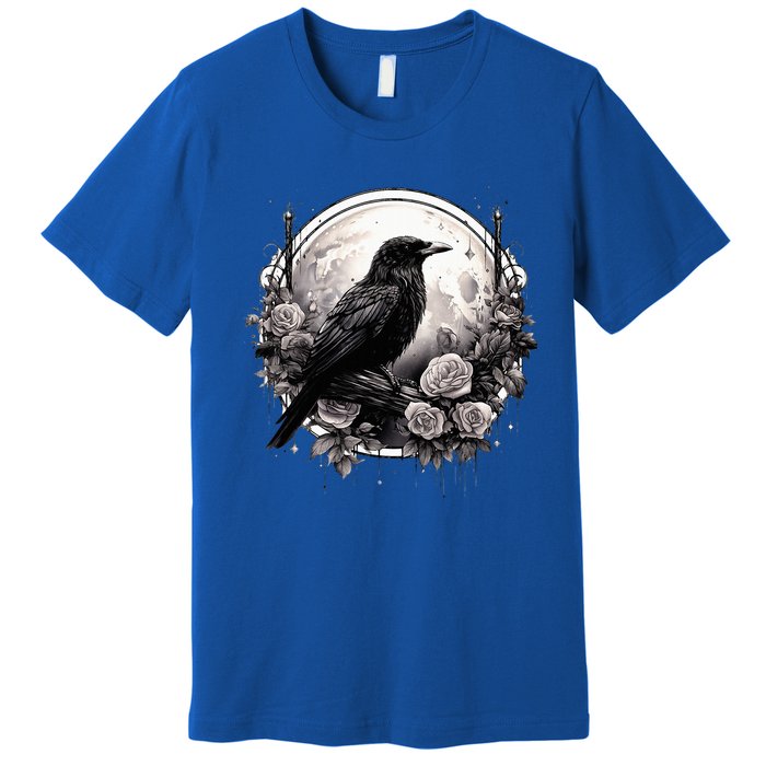 Raven Full Moon Gothic Witchy Crow Roses Mystical Premium T-Shirt