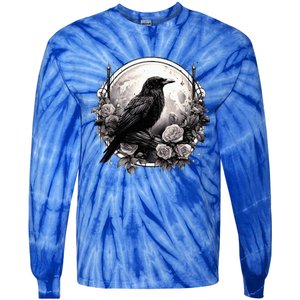 Raven Full Moon Gothic Witchy Crow Roses Mystical Tie-Dye Long Sleeve Shirt