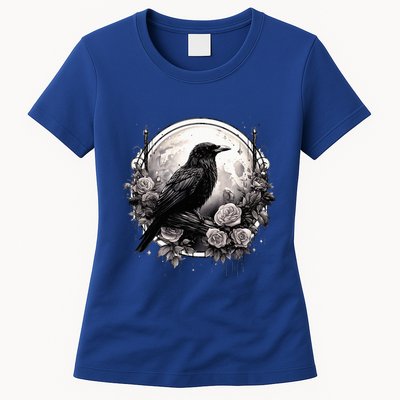 Raven Full Moon Gothic Witchy Crow Roses Mystical Womens T-Shirt