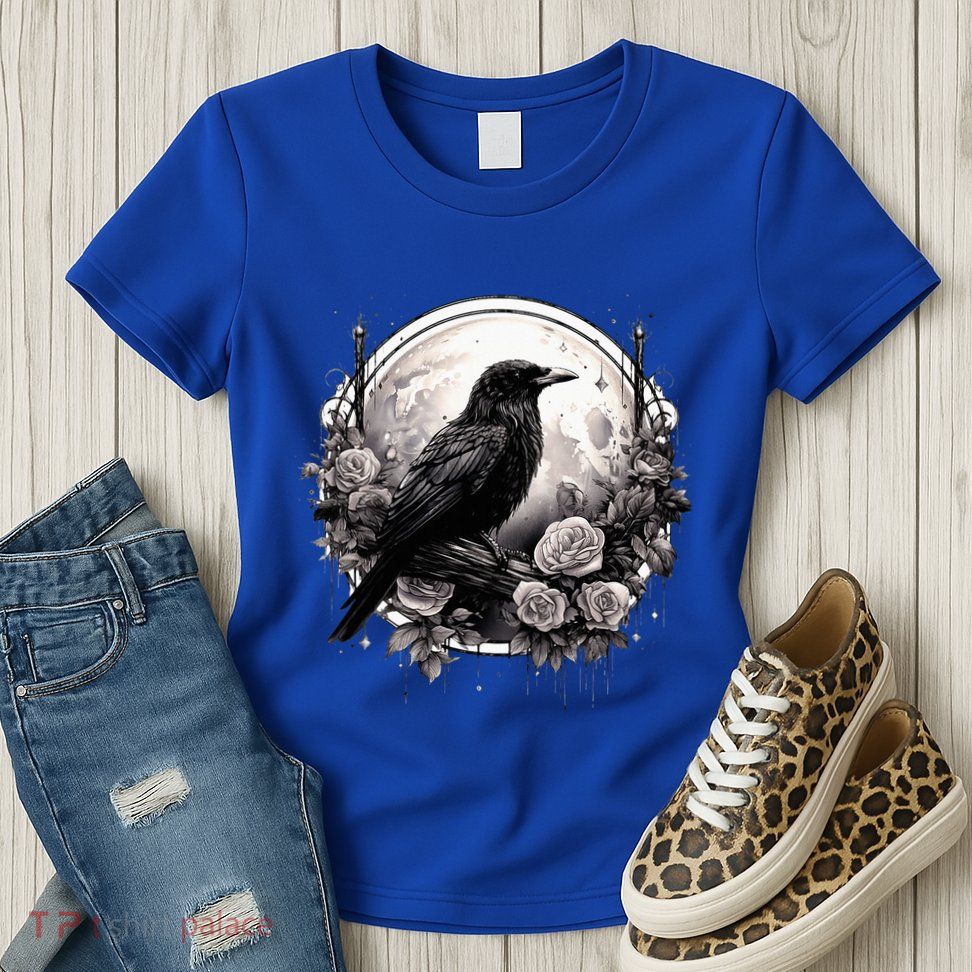 Raven Full Moon Gothic Witchy Crow Roses Mystical Womens T-Shirt