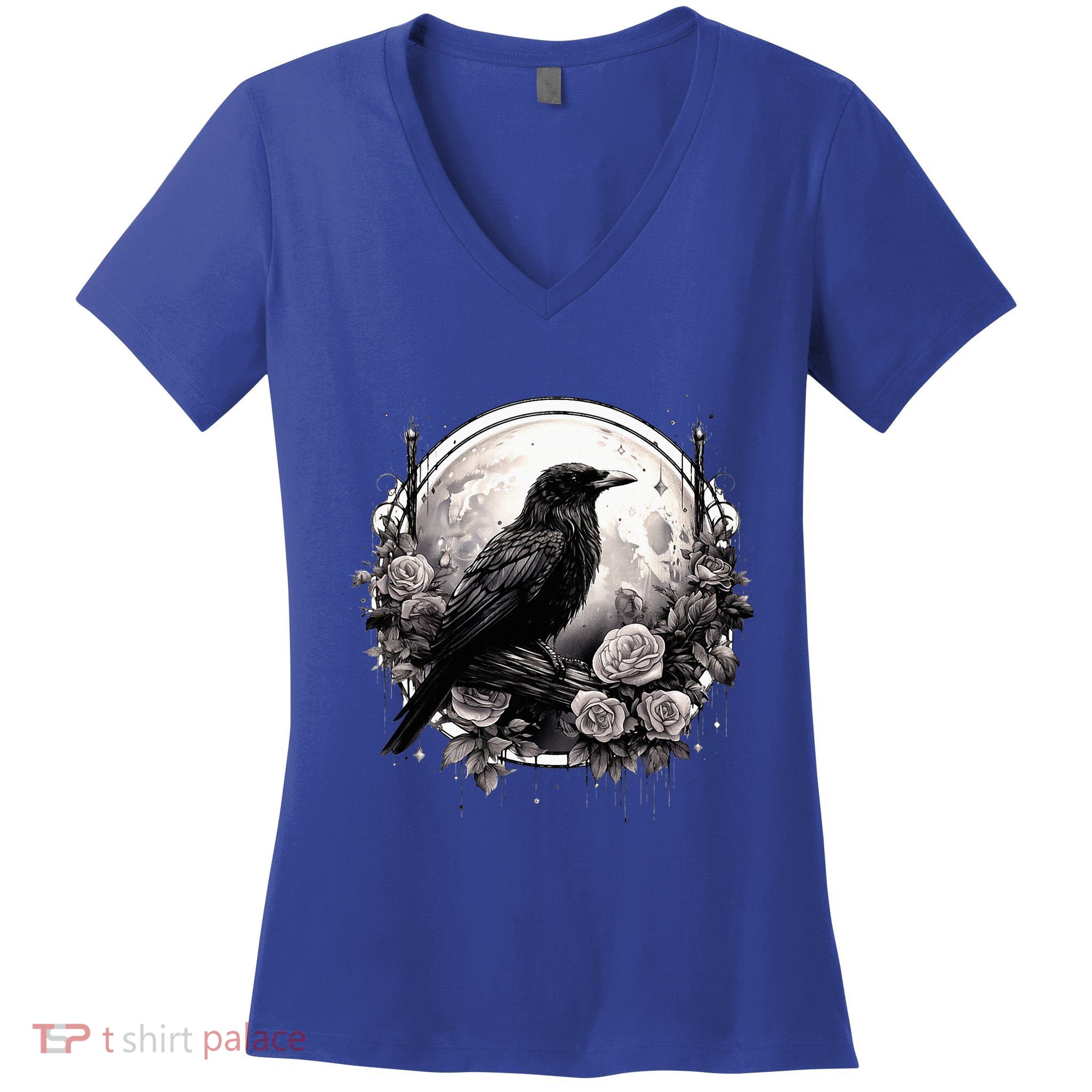Raven Full Moon Gothic Witchy Crow Roses Mystical Women's V-Neck T-Shirt
