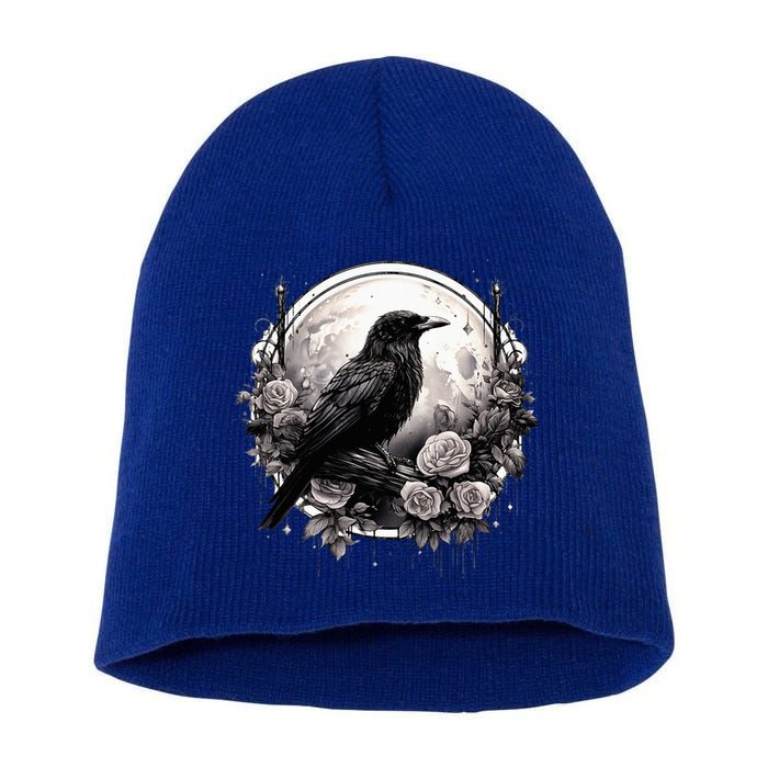 Raven Full Moon Gothic Witchy Crow Roses Mystical Short Acrylic Beanie