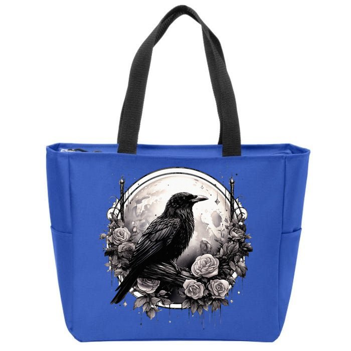 Raven Full Moon Gothic Witchy Crow Roses Mystical Zip Tote Bag