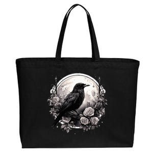 Raven Full Moon Gothic Witchy Crow Roses Mystical Cotton Canvas Jumbo Tote