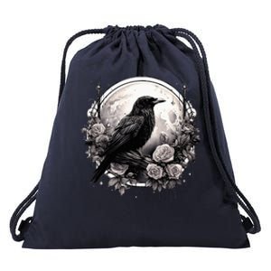 Raven Full Moon Gothic Witchy Crow Roses Mystical Drawstring Bag