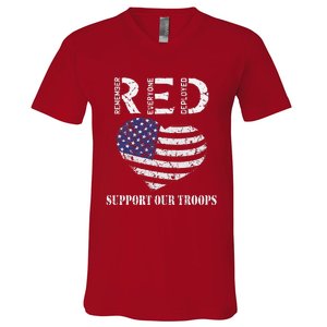 RED Friday Military Support Our Troops Heart Retro US Flag V-Neck T-Shirt