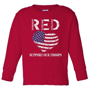 RED Friday Military Support Our Troops Heart Retro US Flag Toddler Long Sleeve Shirt