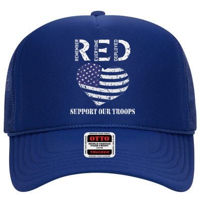 RED Friday Military Support Our Troops Heart Retro US Flag High Crown Mesh Back Trucker Hat