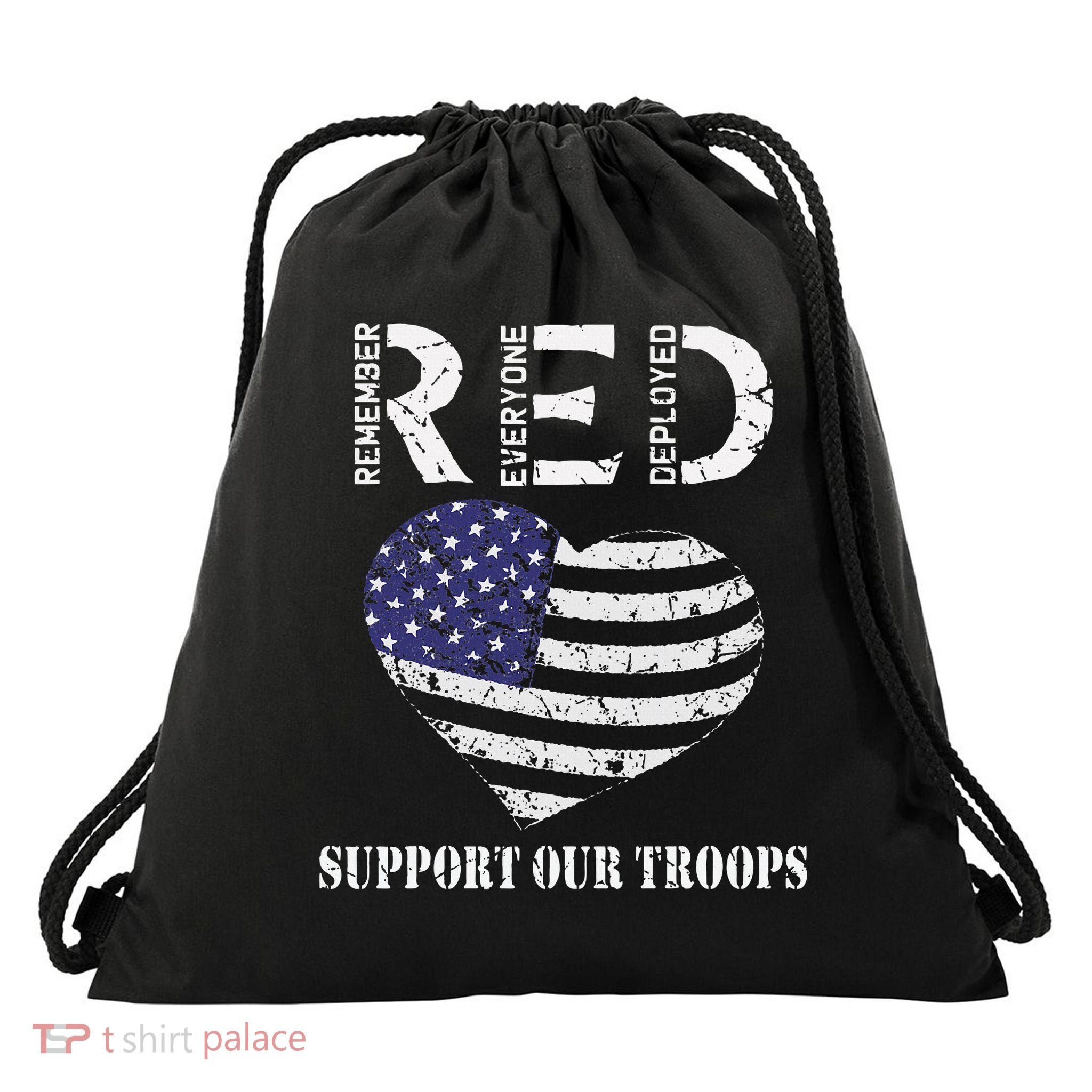 RED Friday Military Support Our Troops Heart Retro US Flag Drawstring Bag
