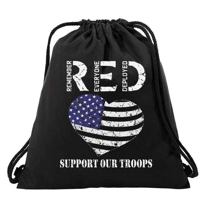 RED Friday Military Support Our Troops Heart Retro US Flag Drawstring Bag