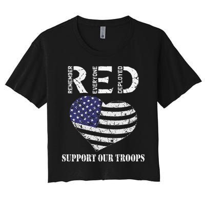 RED Friday Military Support Our Troops Heart Retro US Flag Crop Top
