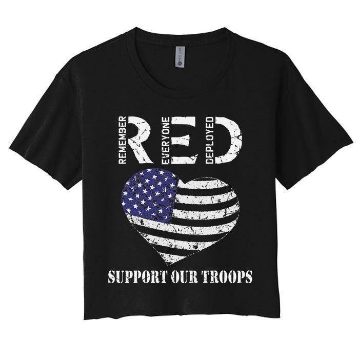 RED Friday Military Support Our Troops Heart Retro US Flag Women's Crop Top Tee