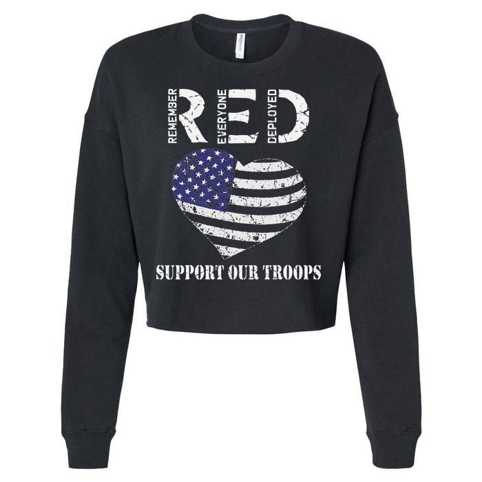 RED Friday Military Support Our Troops Heart Retro US Flag Cropped Pullover Crew