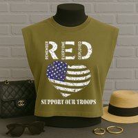 RED Friday Military Support Our Troops Heart Retro US Flag Garment-Dyed Women's Muscle Tee