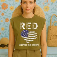 RED Friday Military Support Our Troops Heart Retro US Flag Garment-Dyed Women's Muscle Tee