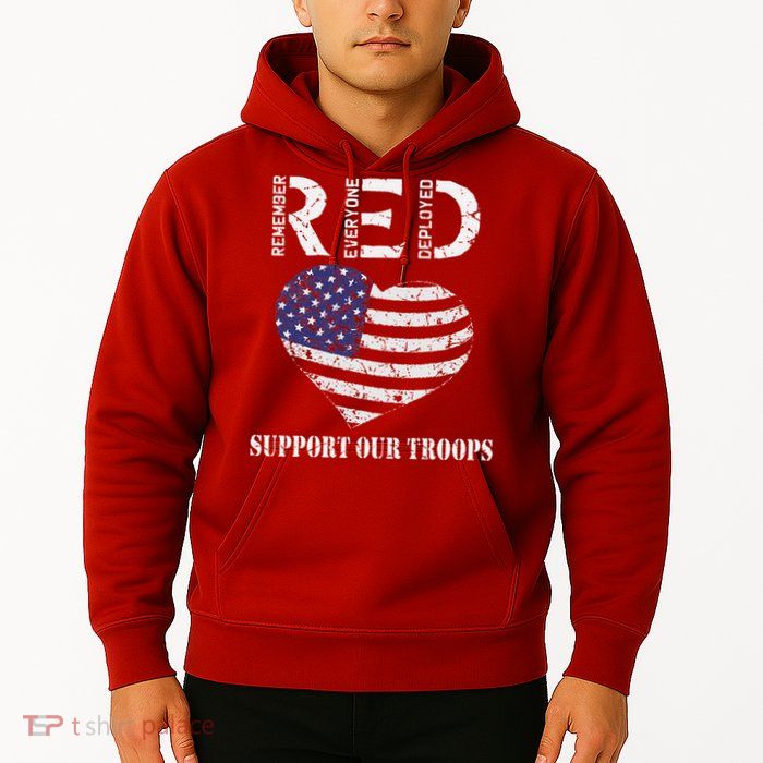 RED Friday Military Support Our Troops Heart Retro US Flag Hoodie