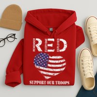 RED Friday Military Support Our Troops Heart Retro US Flag Hoodie