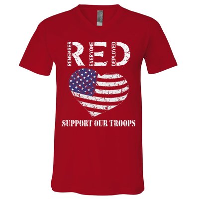 RED Friday Military Support Our Troops Heart Retro US Flag V-Neck T-Shirt