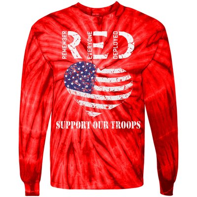 RED Friday Military Support Our Troops Heart Retro US Flag Tie-Dye Long Sleeve Shirt