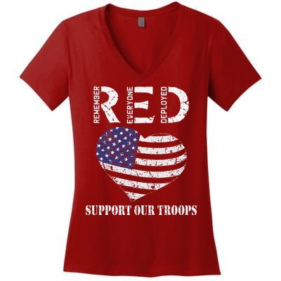 RED Friday Military Support Our Troops Heart Retro US Flag Women's V-Neck T-Shirt