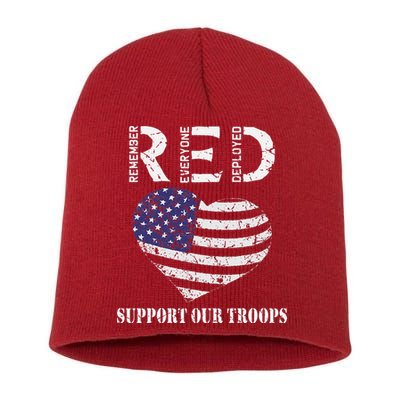 RED Friday Military Support Our Troops Heart Retro US Flag Short Acrylic Beanie