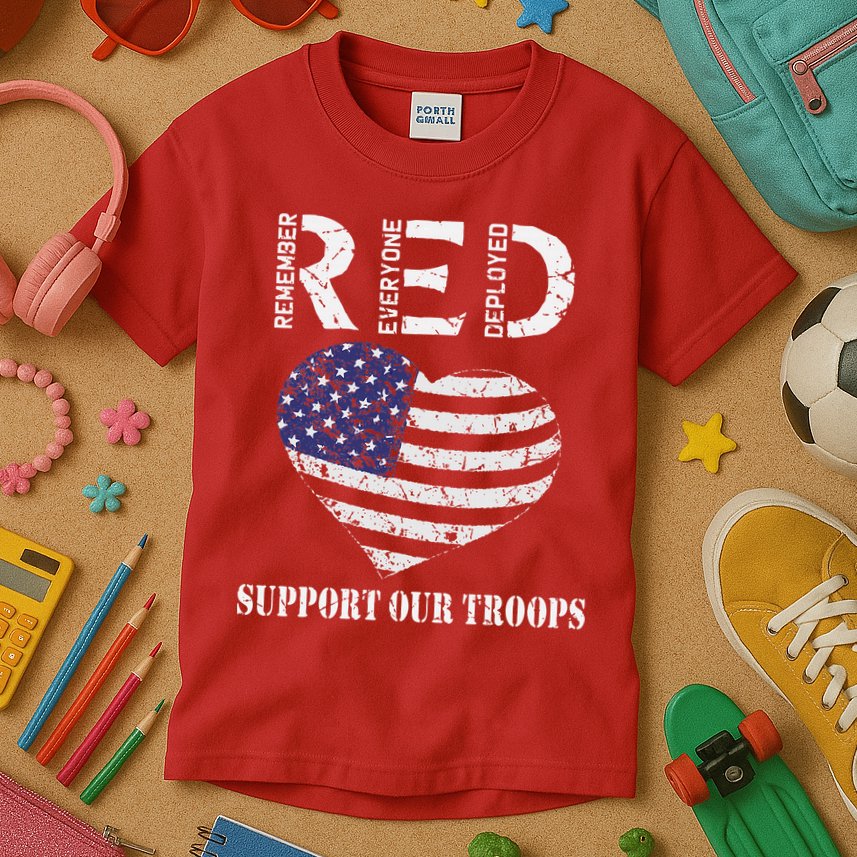 RED Friday Military Support Our Troops Heart Retro US Flag Kids T-Shirt