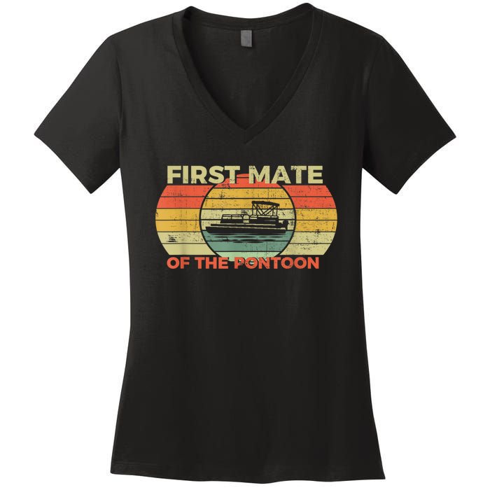 Retro First Mate Pontoon Captain Boat Boating Pontooning Women's V-Neck T-Shirt