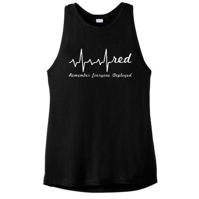 RED Friday Military Remember Everyone Deployed Heartbeat Ladies PosiCharge Tri-Blend Wicking Tank